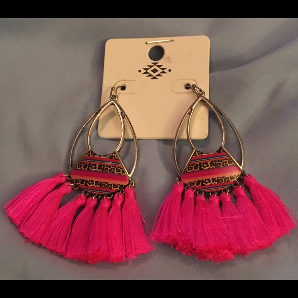 Serape and hot pink fringe earrings